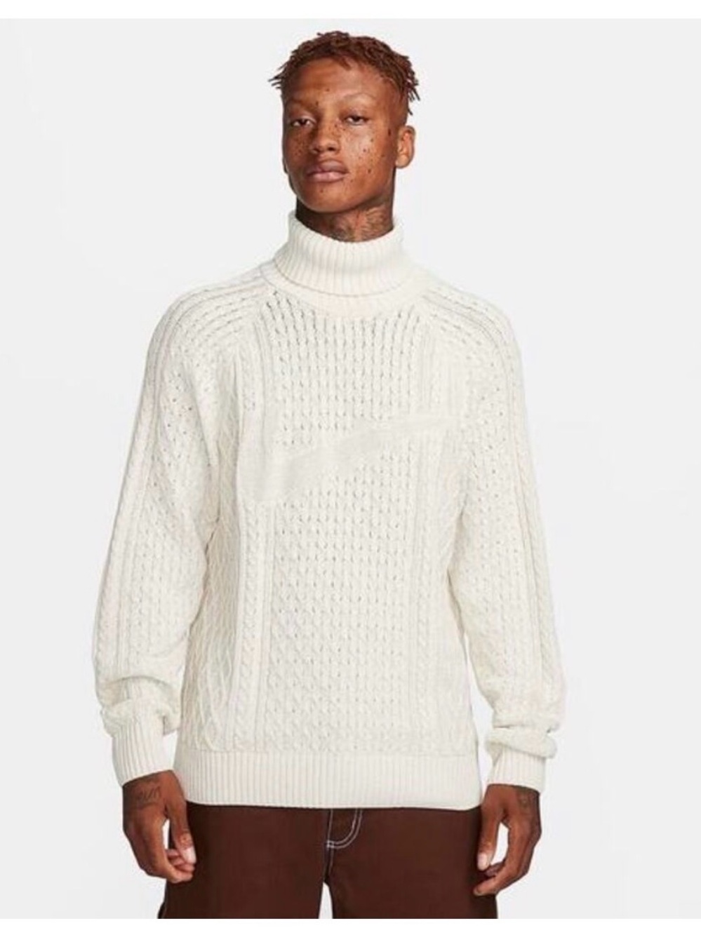 Nike Life Men's Cable Knit Turtleneck in Light Bone Wool Blend Athleisure XS